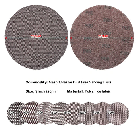 9 Inch 220mm Mesh Abrasive Dust Free Sanding Discs Anti-blocking Dry Grinding Sandpaper 80 to 600 Grit  Hook and Loop Sand Paper