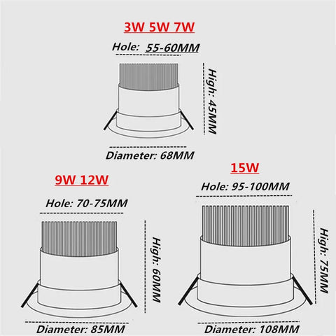 Super Brightness AC85-230V LED COB Dimmable Downlights  3W 5W 7W 9W 12W 15W LED Ceiling Lamp Spot Light