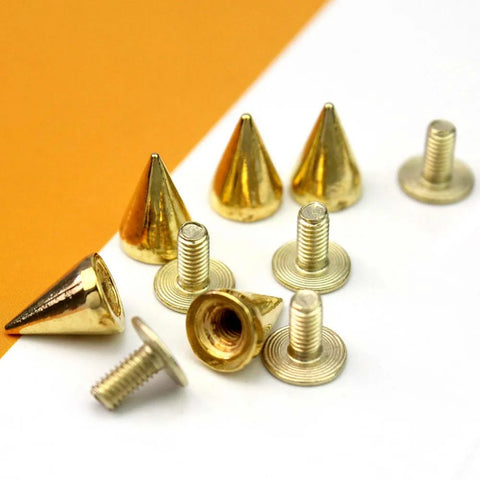 100Pcs 10mm Cone Spikes and Studs - Gold & Silver Screw Rivets for Leathercraft, DIY, Rock Clothing, Handcraft Accessories