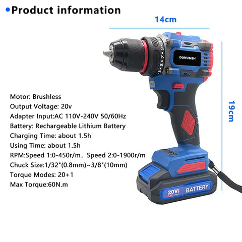 20V Cordless Brushless Electric Drill Impact Electric Screwdriver Big Torque  Metal Collet Rechargeable Lithium Battery