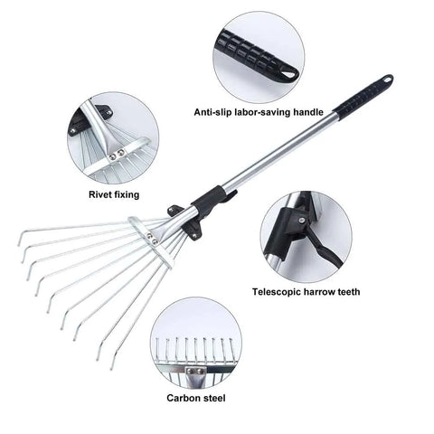 Garden Rake Lawns Stainless Steel Hand Tool Portable Yards Lightweight Home Fan Broom 9 Teeth Leaf Brush Collect Loose Debris