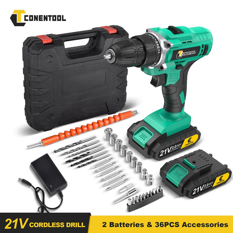 21V Electric Screwdriver Set 36pcs Cordless Drill Battery 2000mah Rechargeable Screwdriver Torque 25+1 Tools Kit