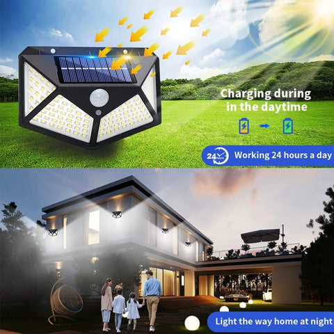 100 LED Solar Motion Sensor Wall Lights - Outdoor Waterproof Garden Lamp for Home, Yard, and Pathway Lighting