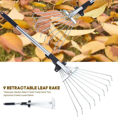 Garden Rake Lawns Stainless Steel Hand Tool Portable Yards Lightweight Home Fan Broom 9 Teeth Leaf Brush Collect Loose Debris
