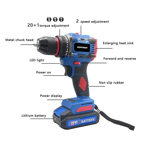 20V Cordless Brushless Electric Drill Impact Electric Screwdriver Big Torque  Metal Collet Rechargeable Lithium Battery
