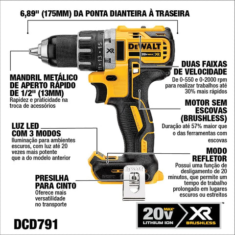 DCD791 Impact Drill 18V/20V Lithium Battery Rechargeable Electric Screwdriver 2000RPM Bare Tool