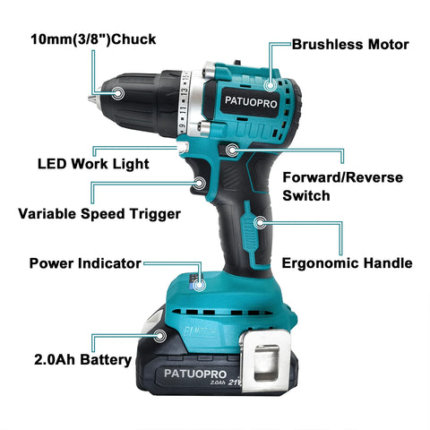 21V Rechargeable Brushless Cordless Drill 10mm Electric Hand Drill Screwdriver 2 Speed 23 Torque with Battery and Charger