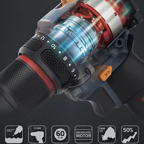 20V Cordless Brushless Electric Drill Impact Electric Screwdriver Big Torque  Metal Collet Rechargeable Lithium Battery